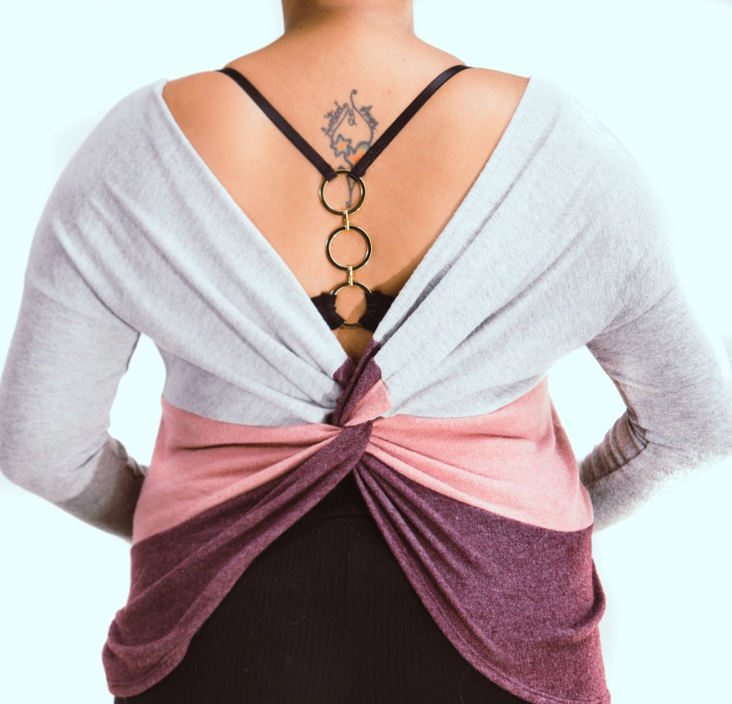 Color Block Loose Fit Sweater Top with Twist Open Back
