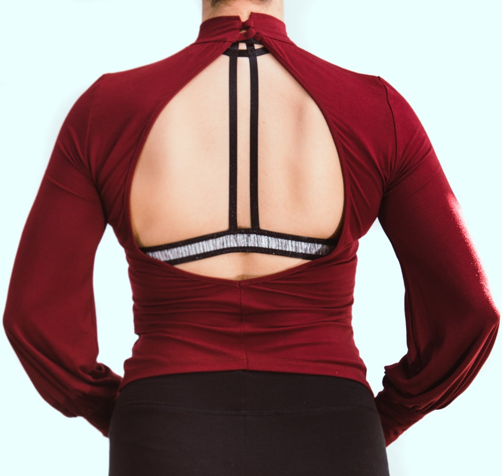 Wine Mock Neckline with Button Back Closure Open Back