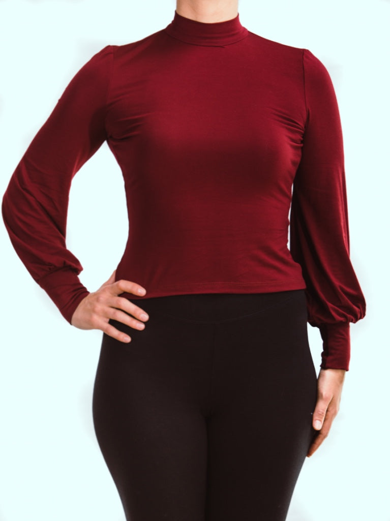 Wine Mock Neckline with Button Back Closure Open Back